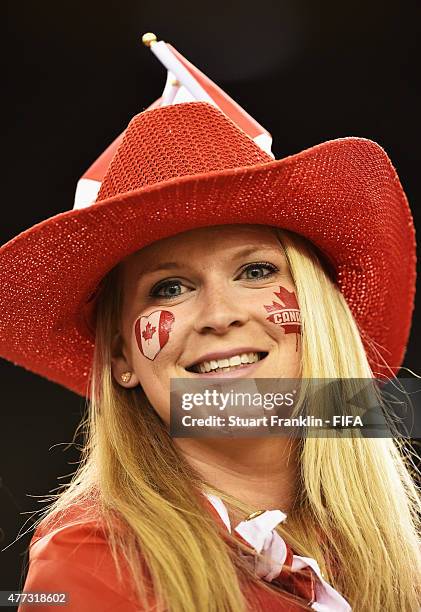 Fan of Canada looks on during the FIFA Women's World Cup Group A match between Netherlands and Canada at Olympic Stadium on June 15, 2015 in...