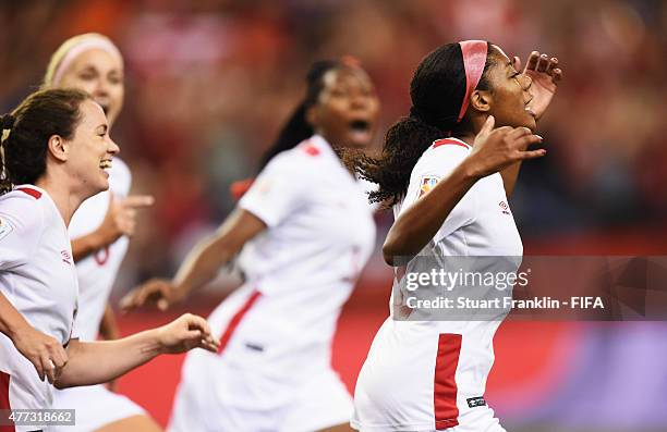 Ashley Lawrence of Canada celebrates scoring her goal during the FIFA Women's World Cup Group A match between Netherlands and Canada at Olympic...