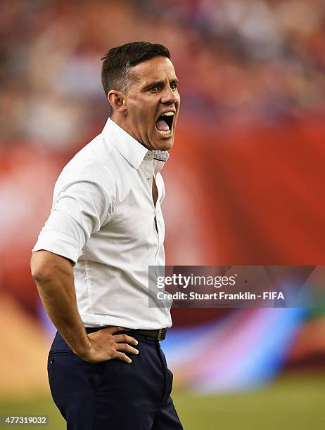 John Herdman, head coach of Canada shouts during the FIFA Women's World Cup Group A match between Netherlands and Canada at Olympic Stadium on June...