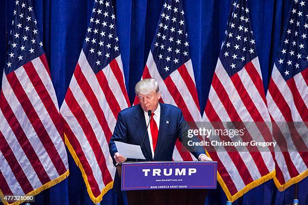 Business mogul Donald Trump gives a speech as he announces his candidacy for the U.S. Presidency at Trump Tower on June 16, 2015 in New York City....