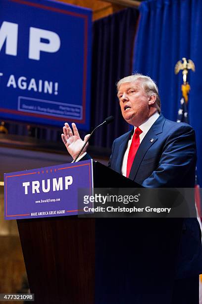Business mogul Donald Trump gives a speech as he announces his candidacy for the U.S. Presidency at Trump Tower on June 16, 2015 in New York City....