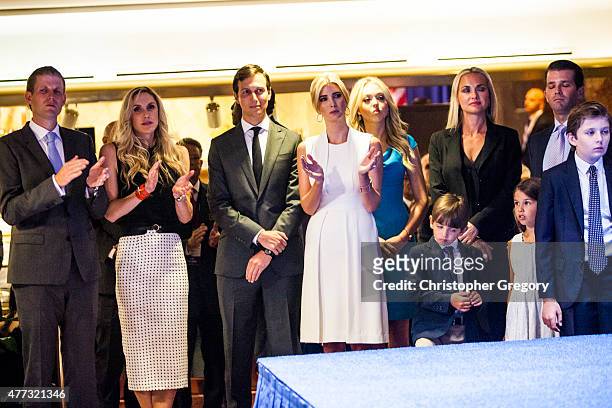 The Trump family cheers as business mogul Donald Trump announces his candidacy for the U.S. Presidency at Trump Tower on June 16, 2015 in New York...