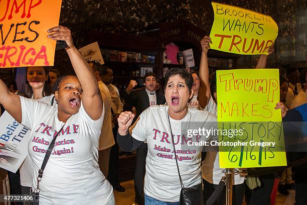 Supporters wait in line to see New York business mogul Donald Trump announce his candidacy for the U.S. Presidency at Trump Tower on June 16, 2015 in...