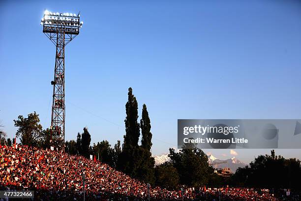 Kyrgyzstan fans pack climb the floodlights to catch a glimse of the 2018 FIFA World Cup Qualifier match between Kyrgyzstan and the Australian...