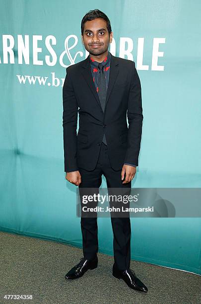 Aziz Ansari signs copies of his book "Modern Romance" at Barnes & Noble Union Square on June 16, 2015 in New York City.