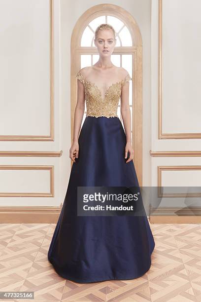 In this handout photo provided by Reem Acra, a model wearing Reem Acra poses during a Resort 2016 preview June 13, 2015 in New York City.