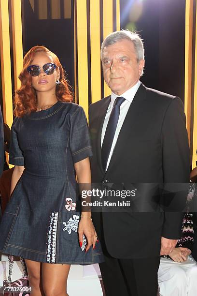 Rihanna and Christian Dior CEO Sydney Toledano sit front row at the Christian Dior TOKYO Autumn/Winter 2015-16 Ready-To-Wear Show at The National Art...