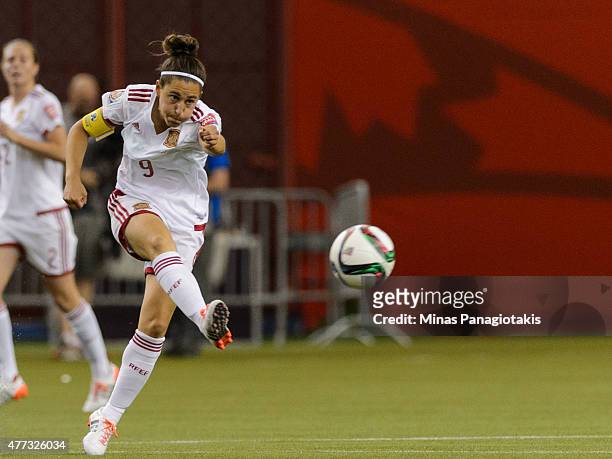 Veronica Boquete of Spain kicks the ball during the 2015 FIFA Women's World Cup Group E match against Spain at Olympic Stadium on June 13, 2015 in...