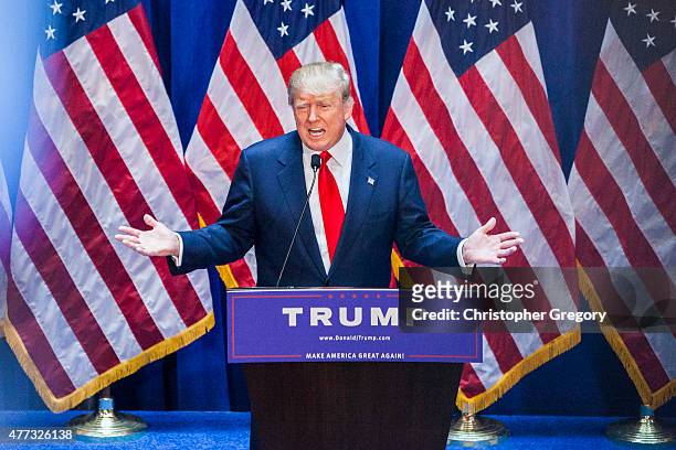 Business mogul Donald Trump gives a speech as he announces his candidacy for the U.S. Presidency at Trump Tower on June 16, 2015 in New York City....
