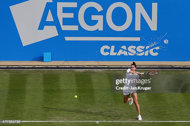 Andrea Petkovic of Germany in action against Katerina Siniakova of Czech Republic on day two of the Aegon Classic at Edgbaston Priory Club on June...