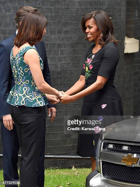 The US First Lady Michelle Obama is greeted by Samantha Cameron during her visit of 10 Downing Street on June 16, 2015 in London, England.
