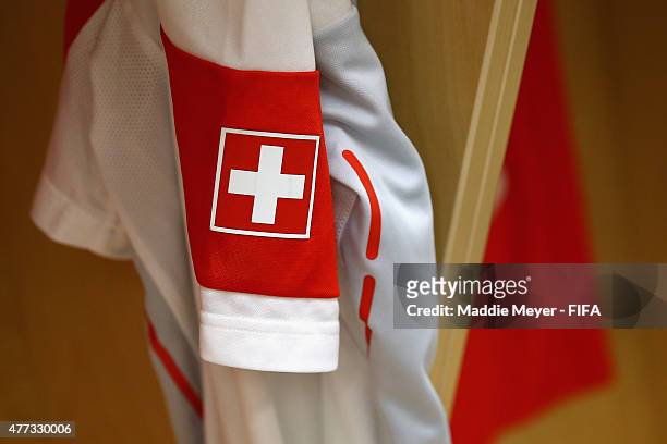 Detail of Vanessa Buerki of Switzerland's warm up jersey before the Women's World Cup 2015 Group C match against Cameroon at Commonwealth Stadium on...