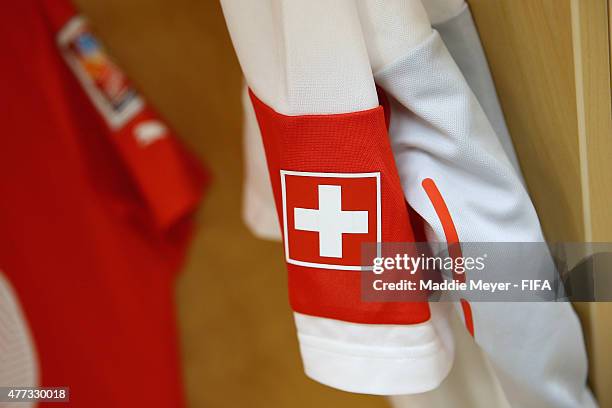 Detail of Vanessa Buerki of Switzerland's warm up jersey before the Women's World Cup 2015 Group C match against Cameroon at Commonwealth Stadium on...