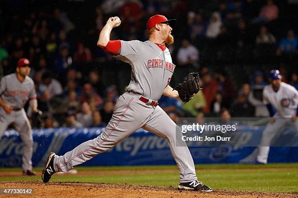 Nate Adcock of the Cincinnati Reds pitches against the Chicago Cubs during the seventh inning at Wrigley Field on June 11, 2015 in Chicago, Illinois.