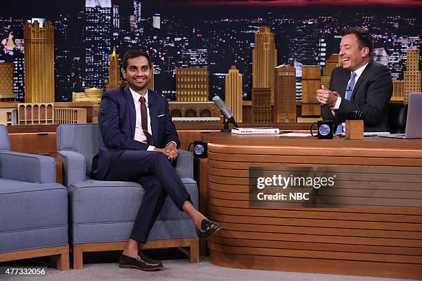 Episode 0280 -- Pictured: Actor Aziz Ansari during an interview with host Jimmy Fallon on June 15, 2015 --