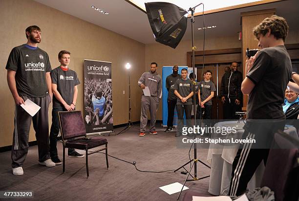 Athlete Aaron Gray of The Sacramento Kings records a PSA with a student from The United Nations International School at an event recognizing New York...