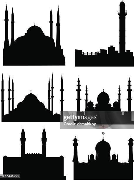 mosque silhouette - blue mosque stock illustrations