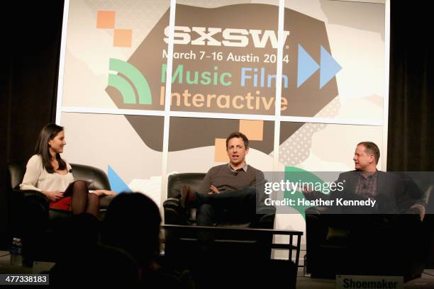 Actress Olivia Munn, TV host Seth Meyers and producer Michael Shoemaker speak onstage at "Inside Late Night with Seth Meyers" during the 2014 SXSW...