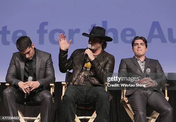 Actor D.J. Cotrona, filmmaker Robert Rodriguez and actor Zane Holtz speak onstage at "From Dusk Till Dawn: The Series" Pilot Photo Op and Q&A during...