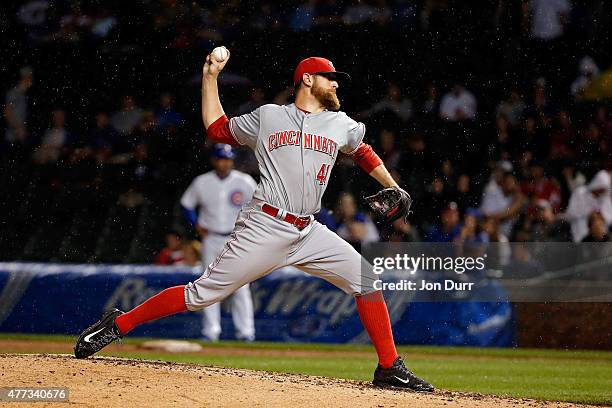 Ryan Mattheus of the Cincinnati Reds pitches against the Chicago Cubs during the eighth inning at Wrigley Field on June 13, 2015 in Chicago, Illinois.