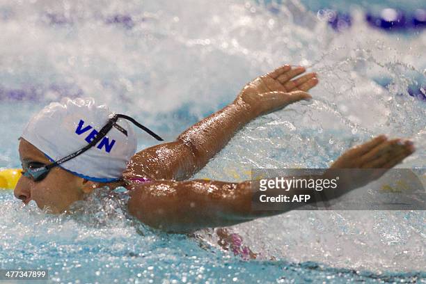 Venezuelan swimmer Andreina Pinto competes during the Women's 400m Individual Medley category of the X South American Games in Santiago, on March 8,...