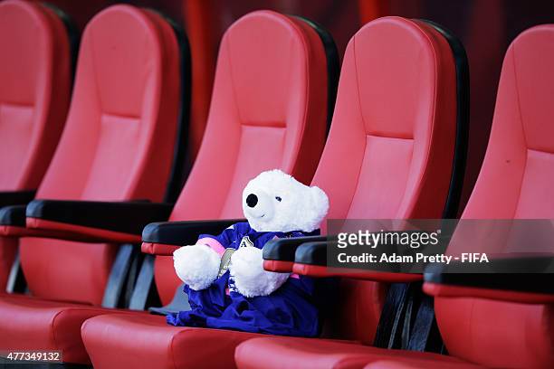 Teddy bear representing the injured player Kozue Ando of Japan sits on the Japan bench during the FIFA Women's World Cup 2015 Group C match between...