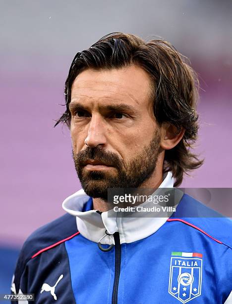 Andrea Pirlo of Italy poses prior to the international friendly match between Portugal and Italy at Stade de Geneve on June 16, 2015 in Geneva,...