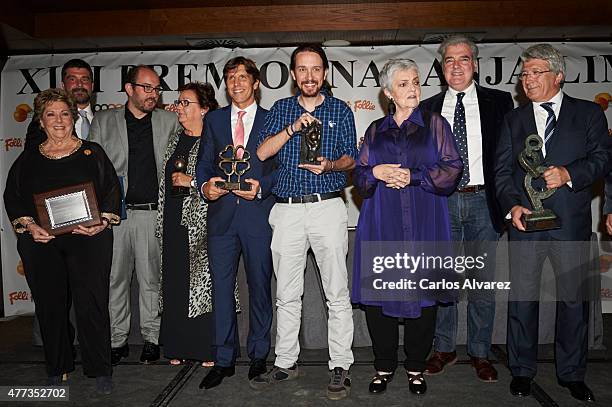 Paloma Gomez Borrero, Estibaliz Uranga, Manuel Diaz "El Cordobes", Party Podemos leader Pablo Iglesias, Amaya Uranga, Inaki Uranga and Enrique Cerezo...