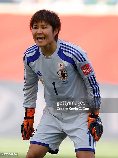 Goalkeeper Miho Fukumoto of Japan yells to her teammates against Ecuador during the FIFA Women's World Cup Canada 2015 Group C match between Ecuador...