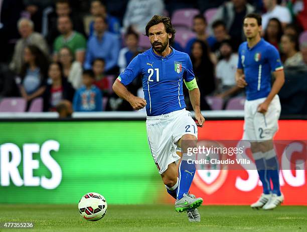 Andrea Pirlo of Italy in action during the international friendly match between Portugal and Italy at Stade de Geneve on June 16, 2015 in Geneva,...