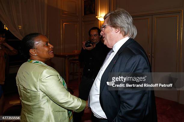 French Minister of Justice Christiane Taubira and Sworn Mediator of the Canton of Geneva, Stage Director and Actor of the Piece, Guy A. Bottequin...