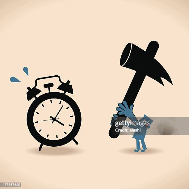 one man (businessman) using sledge hammer to damage alarm clock - hitting alarm clock stock illustrations