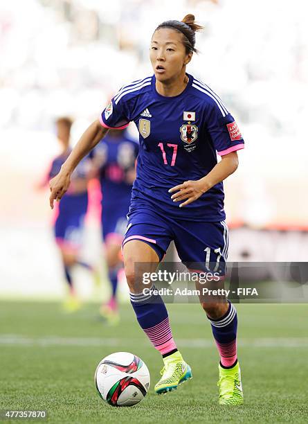 Yuki Ogimi of Japan in action during the FIFA Women's World Cup 2015 Group C match between Ecuador and Japan at Winnipeg Stadium on June 16, 2015 in...