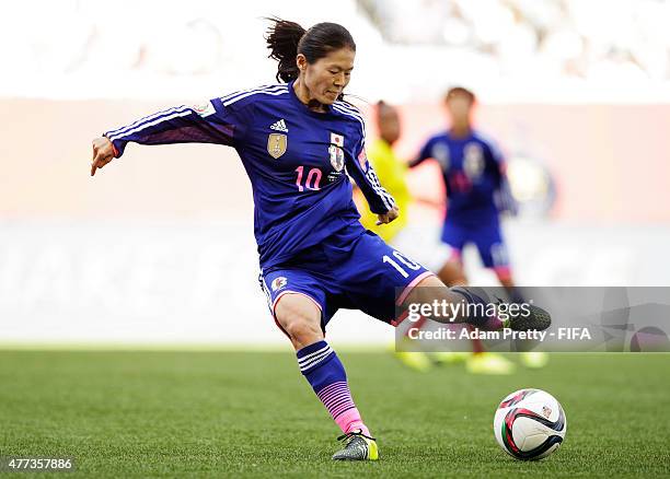 Homare Sawa of Japan in action during the FIFA Women's World Cup 2015 Group C match between Ecuador and Japan at Winnipeg Stadium on June 16, 2015 in...