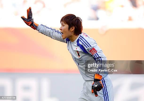 Goalkeeper Miho Fukumoto of Japan yells to her teammates against Ecuador during the FIFA Women's World Cup Canada 2015 Group C match between Ecuador...