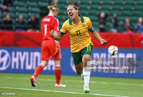 Lisa De Vanna of Australia celebrates after scoring against Sweden during the Women's World Cup 2015 Group D match at Commonwealth Stadium on June...