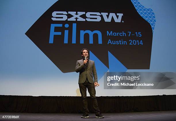 Director Jay Karas addresses the audience before the "Break Point" premiere during the 2014 SXSW Music, Film + Interactive Festival at Topfer Theatre...