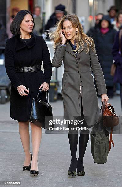 Sarah Jessica Parker and Olivia Munn are seen on the movie set of "I Don't Know How She Does It" on January 17, 2011 in New York City.