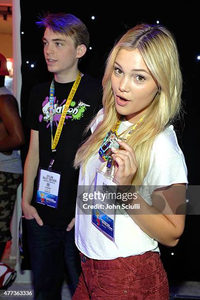 Olivia Holt and Dylan Riley Snyder attend the Nintendo hosts celebrities at 2015 E3 Gaming Convention at Los Angeles Convention Center on June 16,...