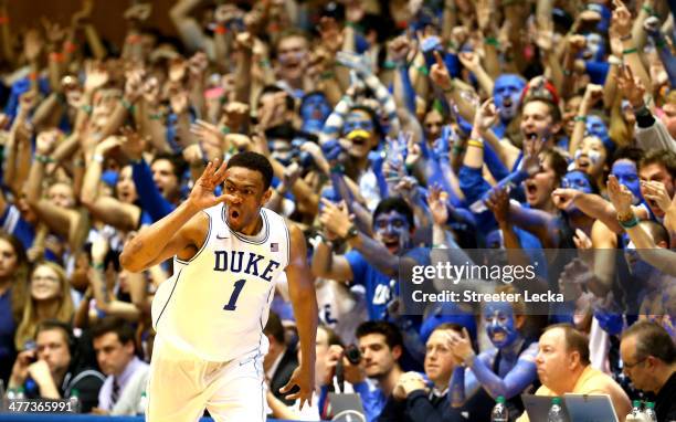 Jabari Parker of the Duke Blue Devils reacts after making a basket during their game against the North Carolina Tar Heels at Cameron Indoor Stadium...