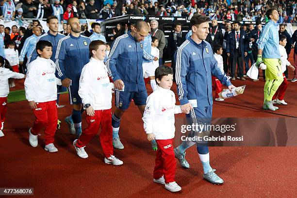 Lionel Messi, Pablo Zabaleta, Javier Mascherano and Lucas Biglia enter to the pitch prior the 2015 Copa America Chile Group B match between Argentina...