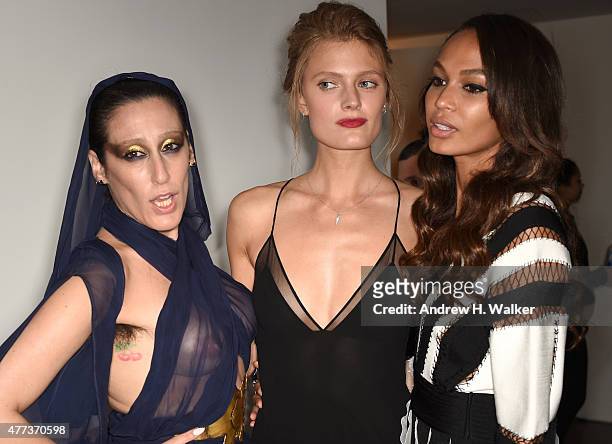 Ladyfag, Constance Jablonski, and Joan Smalls attend the 2015 amfAR Inspiration Gala New York at Spring Studios on June 16, 2015 in New York City.