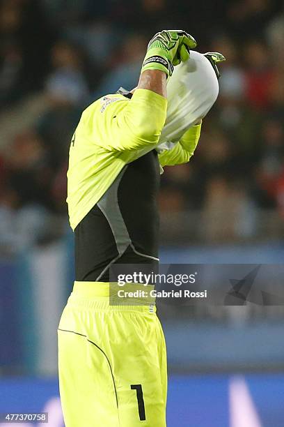 Fernando Muslera of Uruguay reacts during the 2015 Copa America Chile Group B match between Argentina and Uruguay at La Portada Stadium on June 16,...