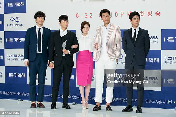 South Korean actors Choi Won-Young, Seo In-Guk, Jang Na-Ra, Lee Cheon-Hee and Park Bo-Gum attend the KBS Drama "Hello Monster" press conference on...