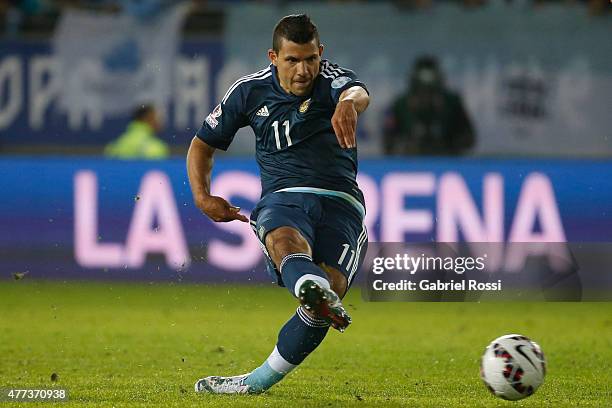 Sergio Aguero of Argentina kicks the ball during the 2015 Copa America Chile Group B match between Argentina and Uruguay at La Portada Stadium on...