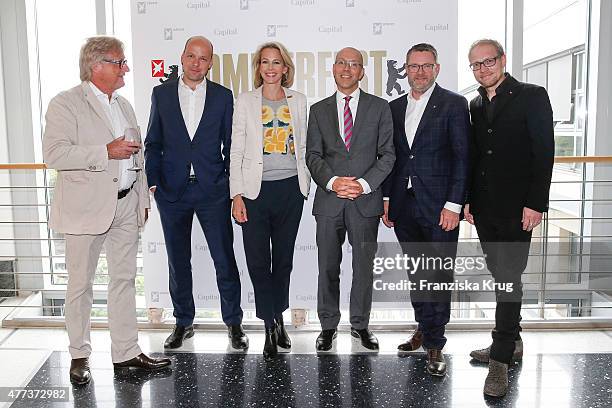 Hans-Ulrich Joerges, Horst von Buttlar, Julia Jaekel, Joerg Asmussen, Christian Krug and Jens Koenig attend the STERN And CAPITAL Summer Party on...