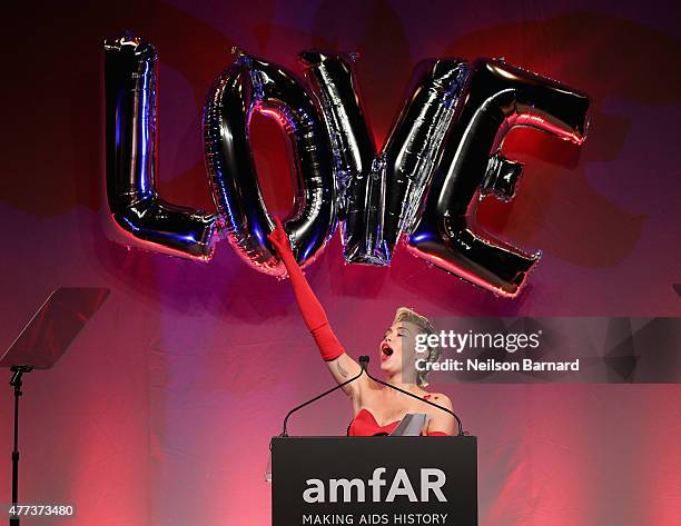 Miley Cyrus speaks onstage at the 2015 amfAR Inspiration Gala New York at Spring Studios on June 16, 2015 in New York City.