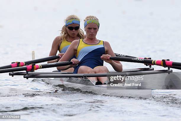 Kelli Geritsen and Lucy Hill of Cambridge High School compete in the girl's U17 double sculls final during the AON North Island Secondary School...