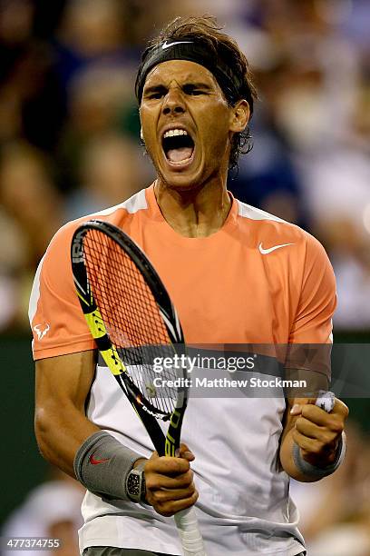 Rafael Nadal of Spoain celebrates breaking Radek Stepanek of Czech Republic during the BNP Parabas Open at the Indian Wells Tennis Garden on March 8,...