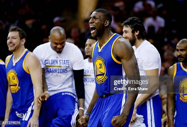 Festus Ezeli of the Golden State Warriors celebrates after they defeated the Cleveland Cavaliers 105 to 97 in Game Six of the 2015 NBA Finals at...